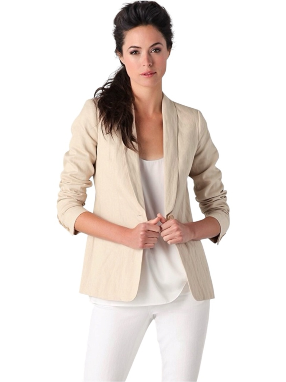 VINCE SANDSTONE LINEN COTTON SINGLE BUTTON SHAWL COLLAR BLAZER JACKET